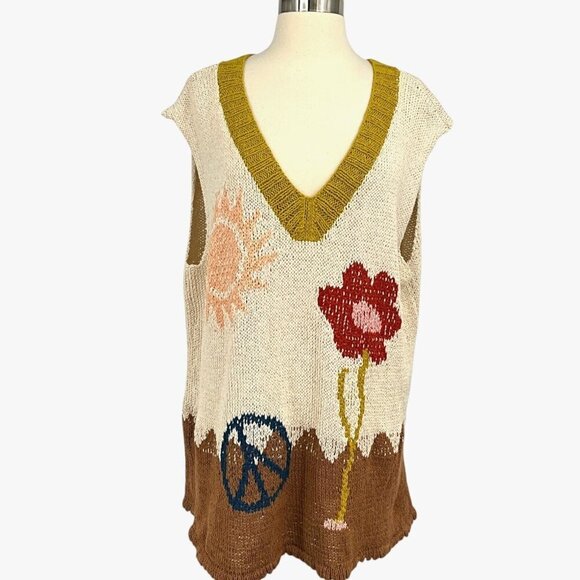 Story Mfg Tops - Story Mfg Party Vest  Peace Trip Size XL Sleeveless Sweater V Neck Multicolor